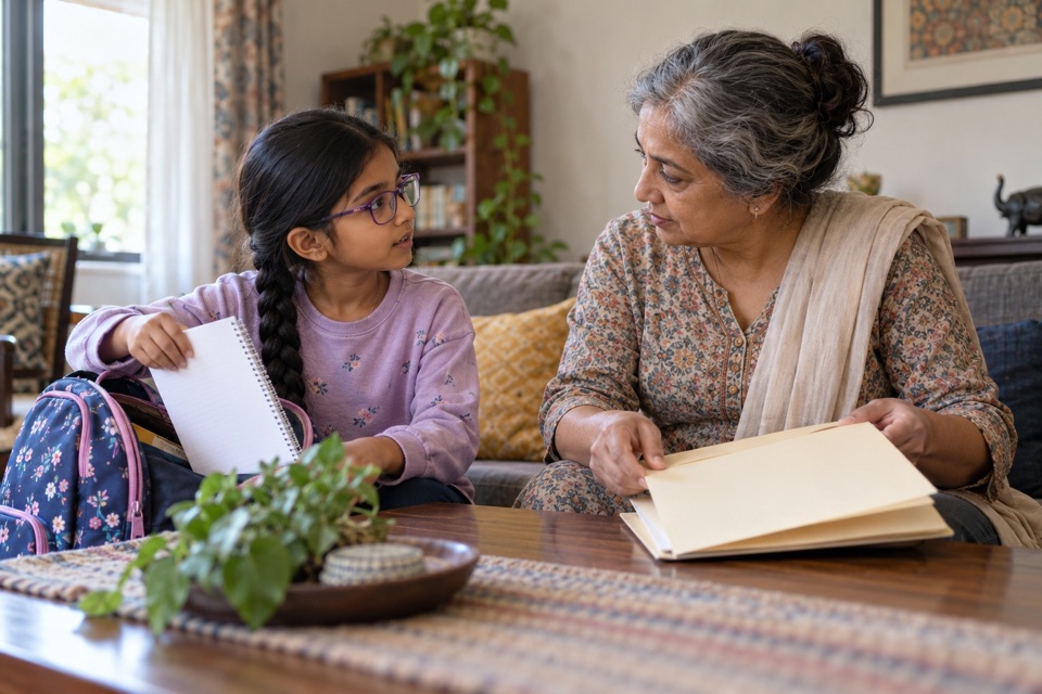 A young girl in glasses holds a notebook beside her backpack while her grandmother opens a paper folder at a living-room table.