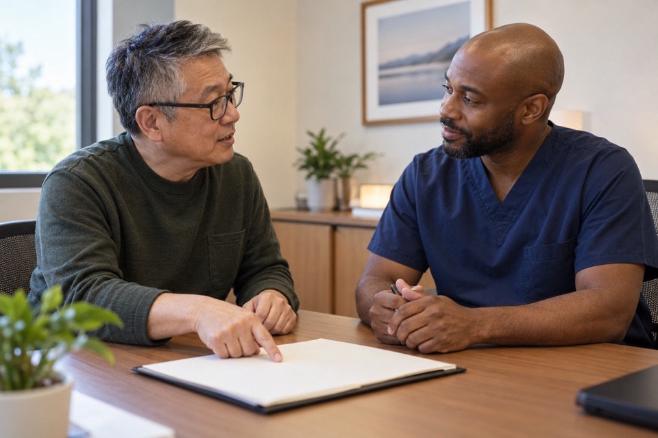 An older man in glasses points to a folder while talking at a table with a clinician in navy scrubs in a calm consultation room.