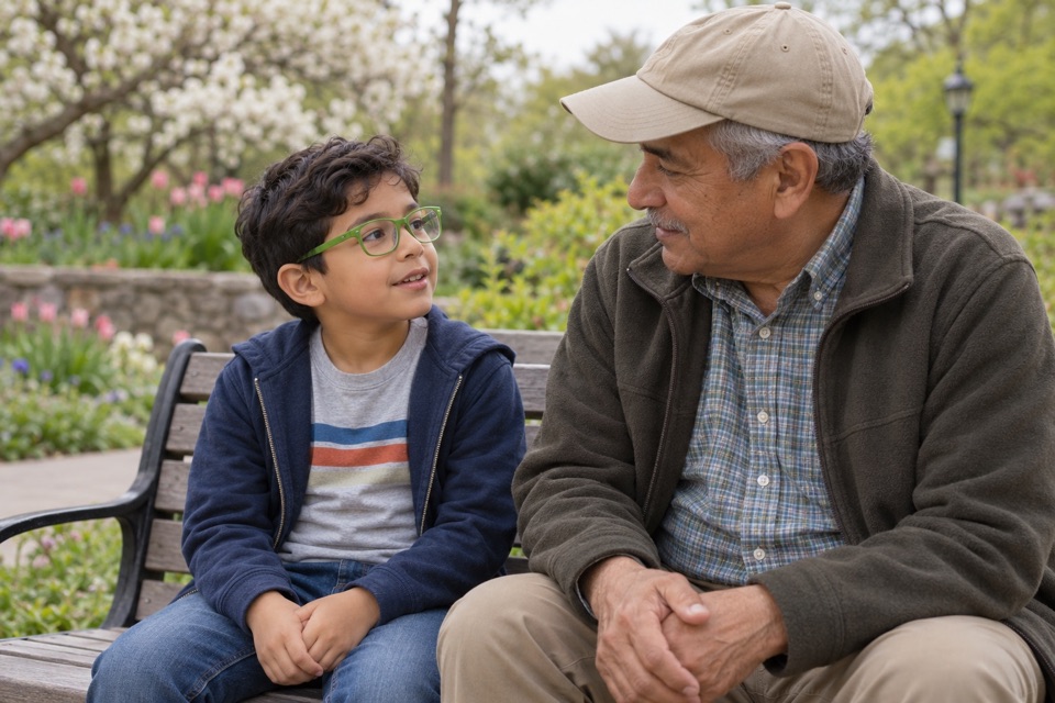 A young boy in green glasses sits on a park bench talking with his grandfather; his hands rest in his lap.