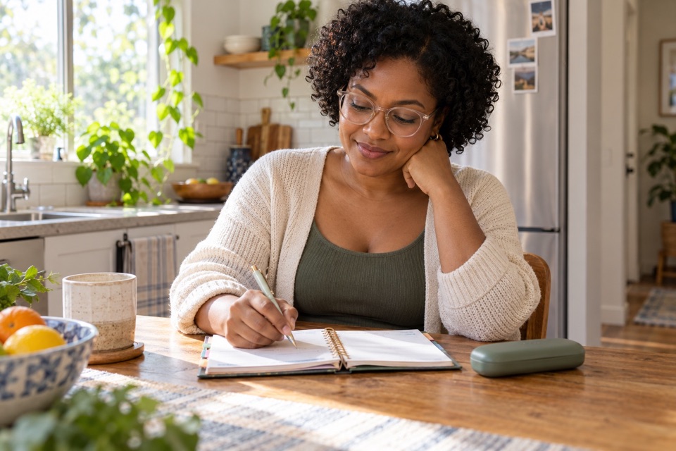 A woman with short dark curls and glasses sits at a sunny kitchen table, writing in a notebook beside a closed glasses case.