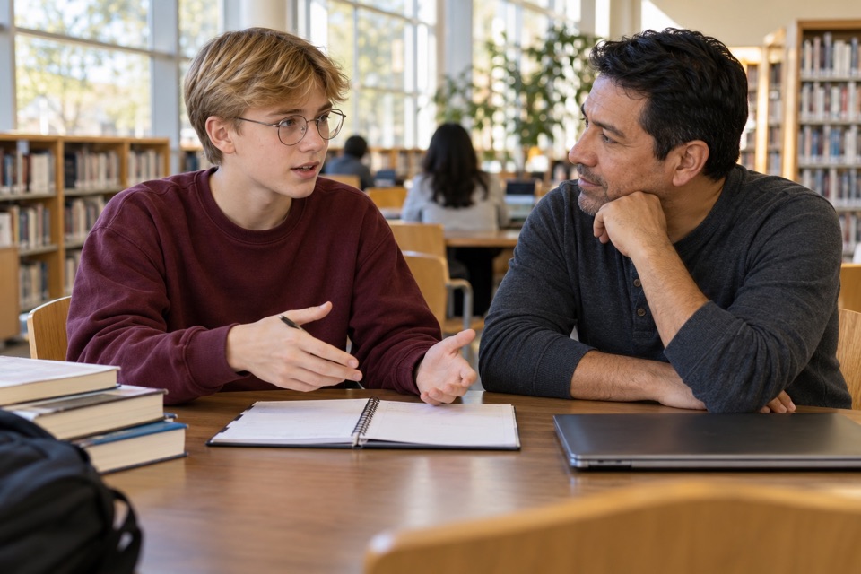 A teenager in glasses explains something to his father across a library table with an open notebook between them.