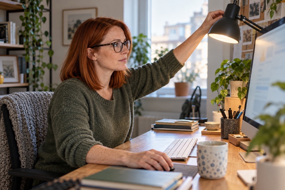 A red-haired woman in glasses at a home desk reaches up to adjust a desk lamp beside her computer screen.