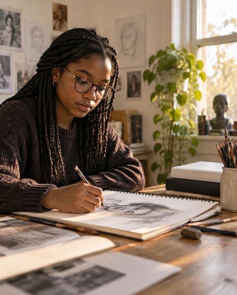 Illustrative scene: a teenage girl in tortoiseshell glasses drawing a portrait in her sketchbook at a sunlit studio table.
