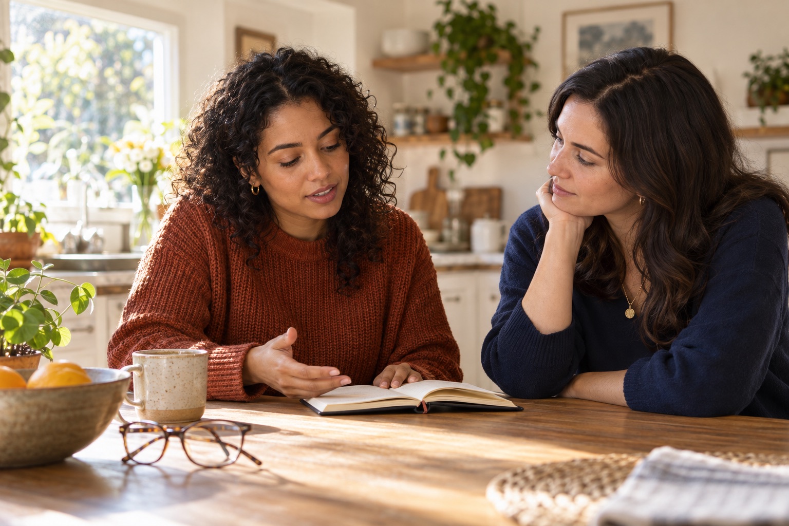 Illustrative scene: two adults at a kitchen table, taking time to read and talk together.