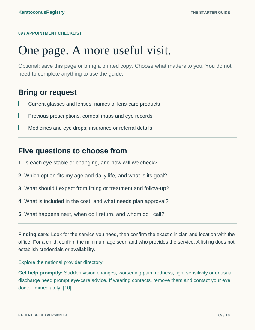 Page 9 of the guide: an optional one-page appointment checklist and five questions to choose from.